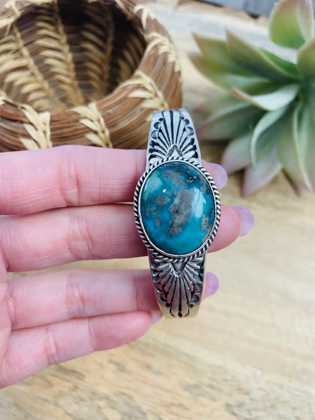 Handcrafted Sterling Silver & Royston Turquoise Cuff Bracelet Signed