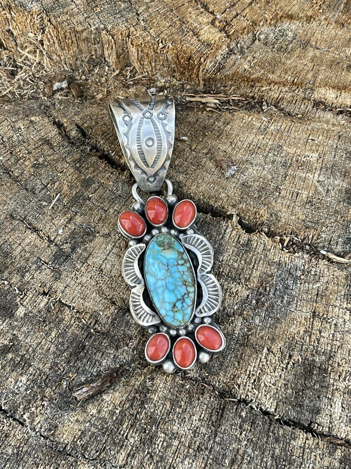 Handcrafted Sterling Kingman Web Turquoise & Red Coral Pendant Taos Collection