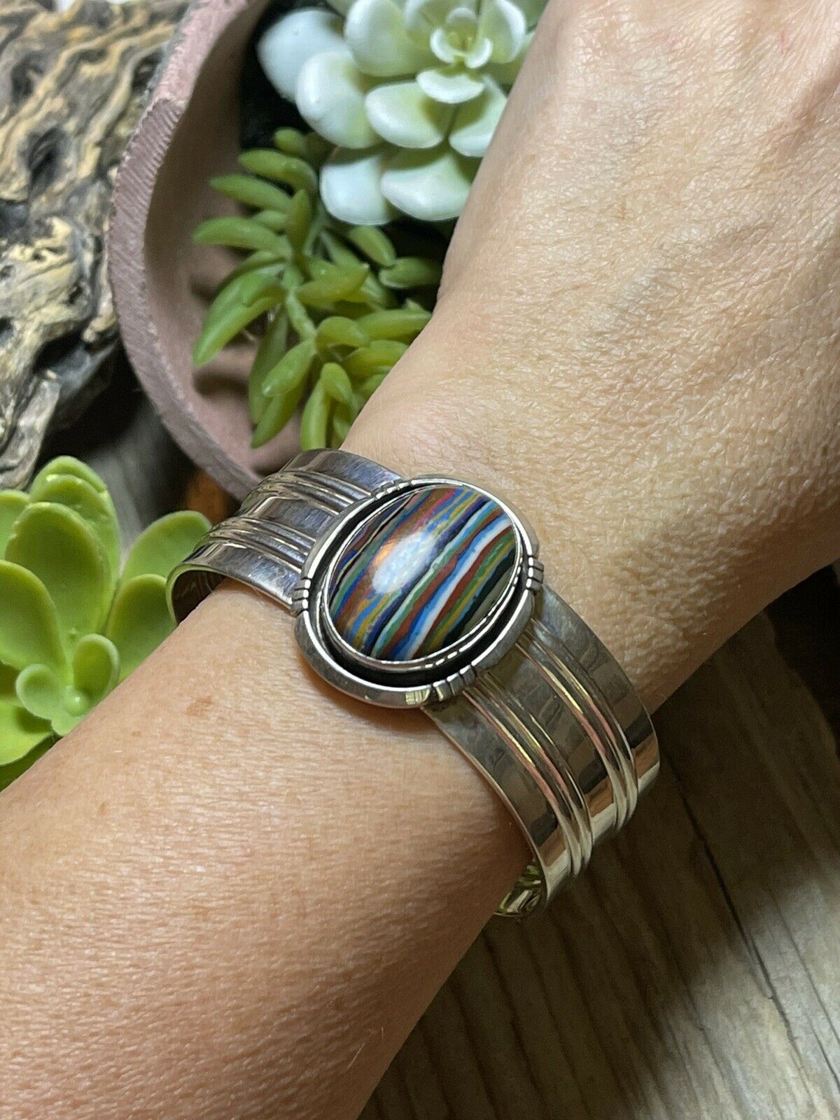 Handcrafted Sterling Silver & Rainbow Stone Signed Cuff Bracelet