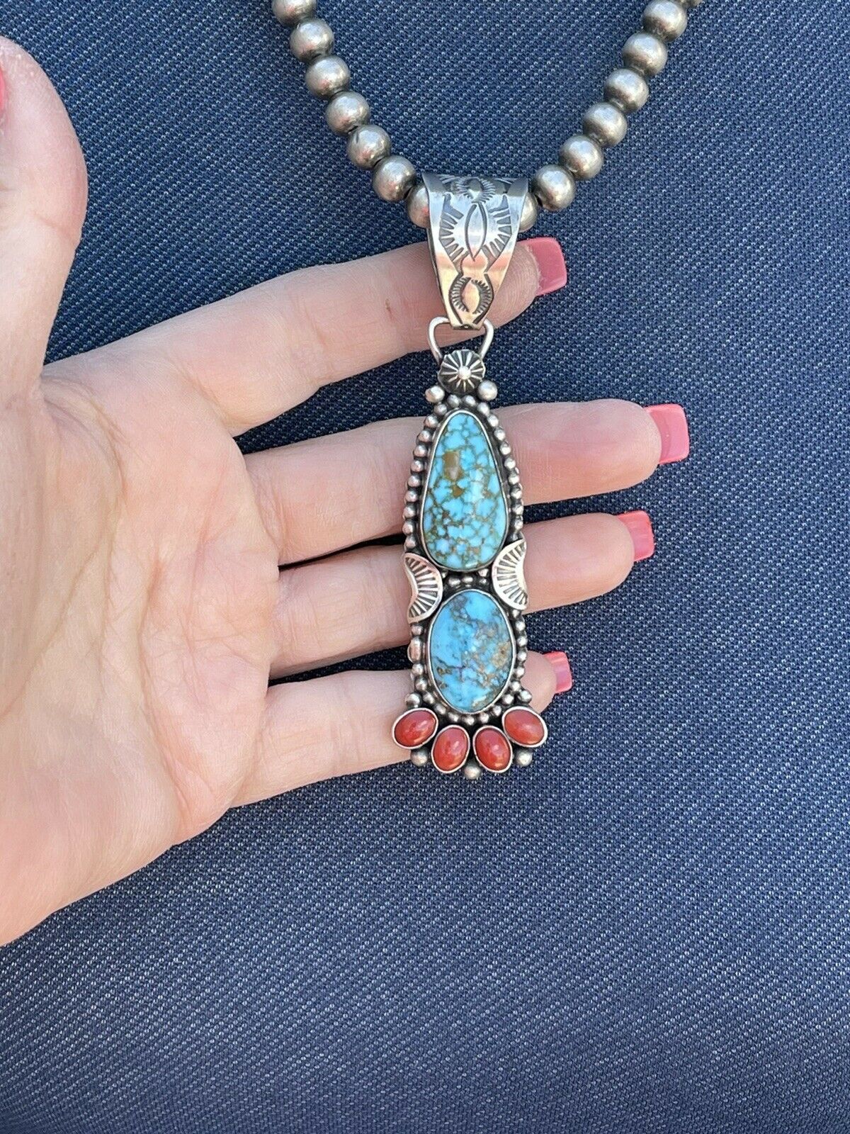 Handcrafted Sterling Kingman Web Turquoise & Red Coral Taos Pendant Danny Clark