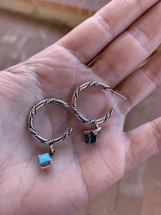 Handcrafted Turquoisee & Sterling Silver Braided Charm Hoops