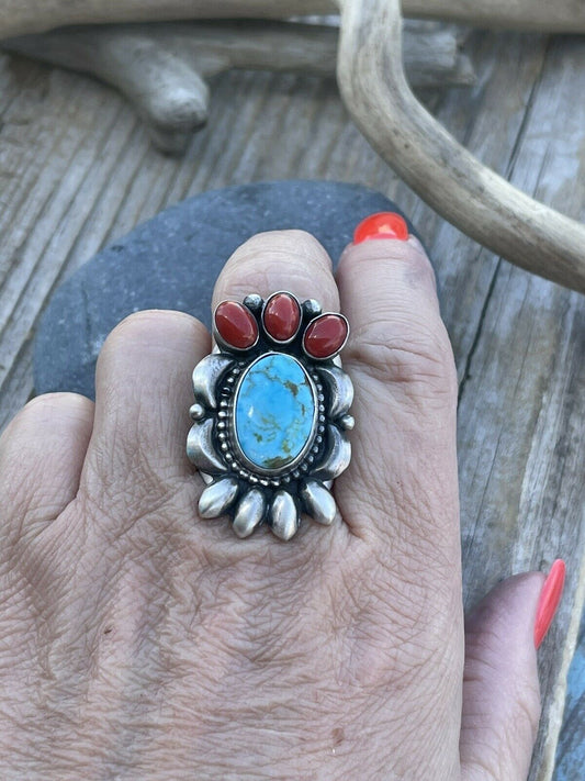 Handcrafted Sterling Kingman Web Turquoise & Red Coral Taos Collection Ring by Danny Clark, Sz 7.5