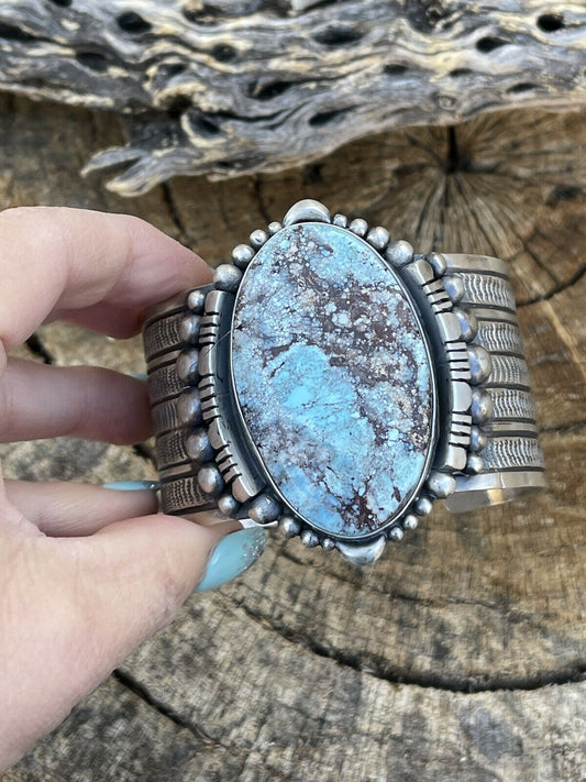 Handcrafted Handmade Sterling Silver & Number 8 Turquoise Signed Cuff Signed