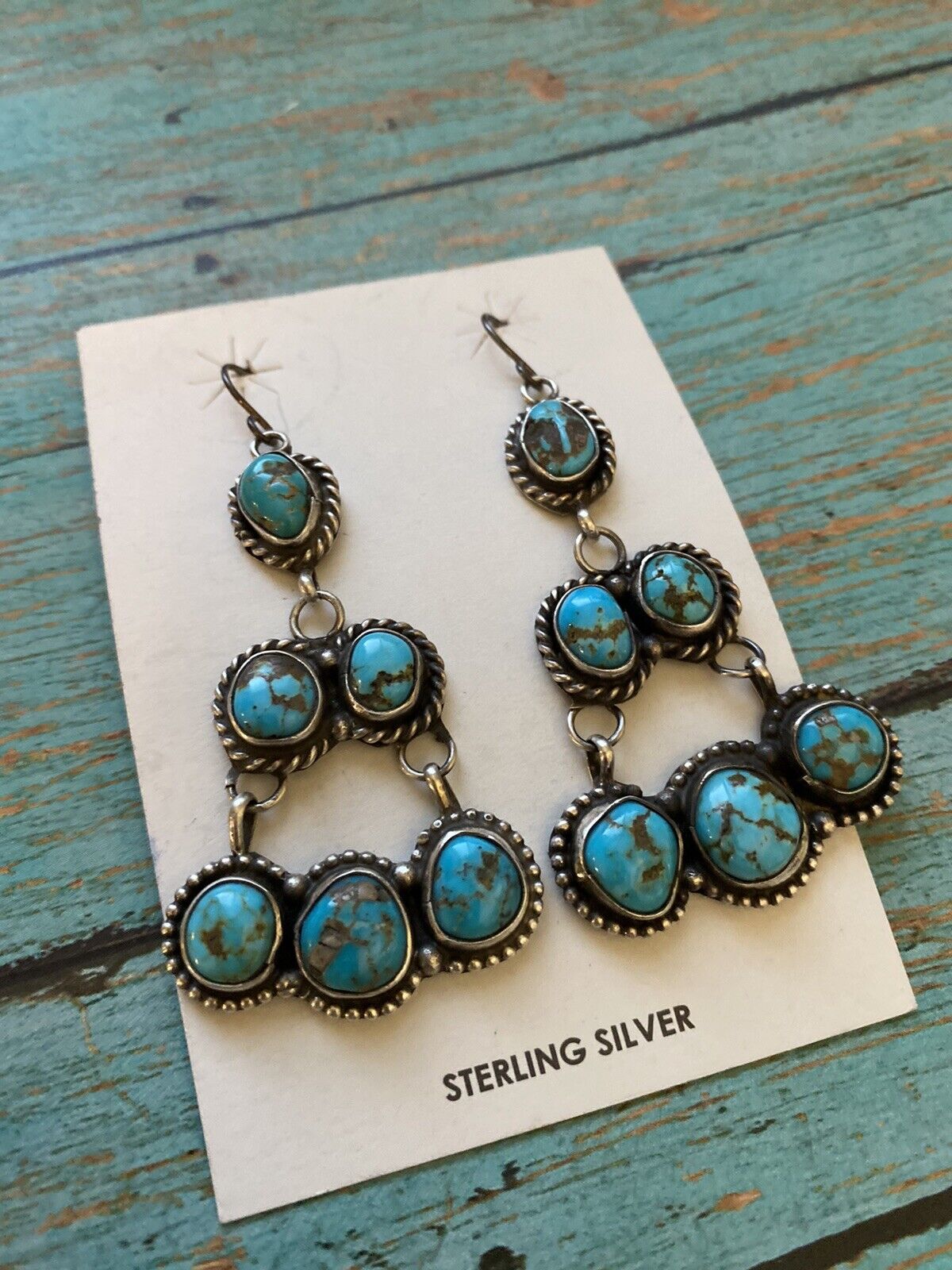 Navajo Sterling Silver & Royston Turquoise Chandelier Dangle Earrings