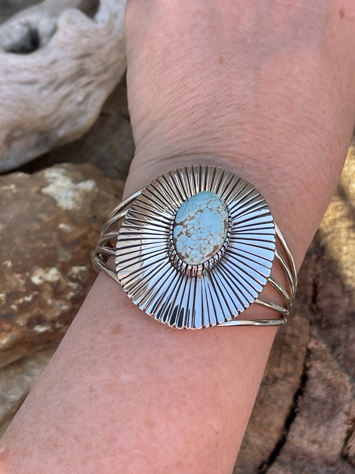 Handcrafted Handmade Sterling Silver & Number 8 Turquoise Signed Lined Cuff Signed
