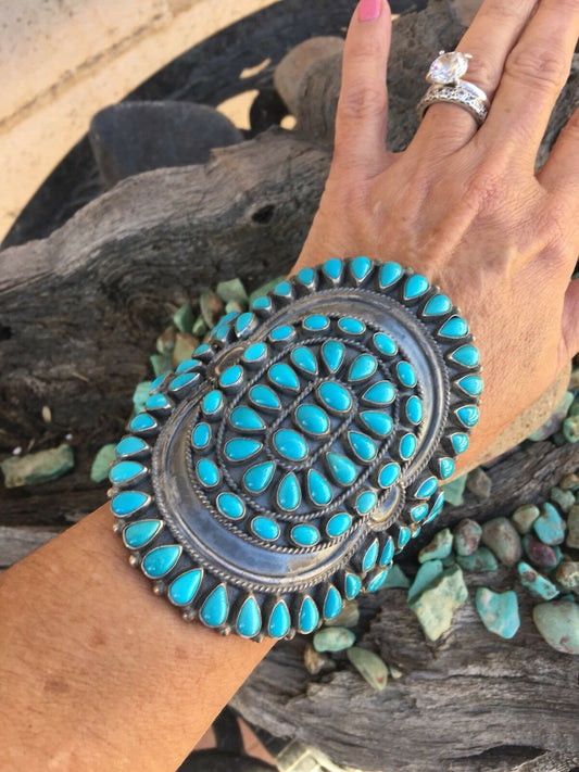 Anthony Skeets Handcrafted Cluster Turquoise & Sterling Silver Cuff Bracelet Signed /