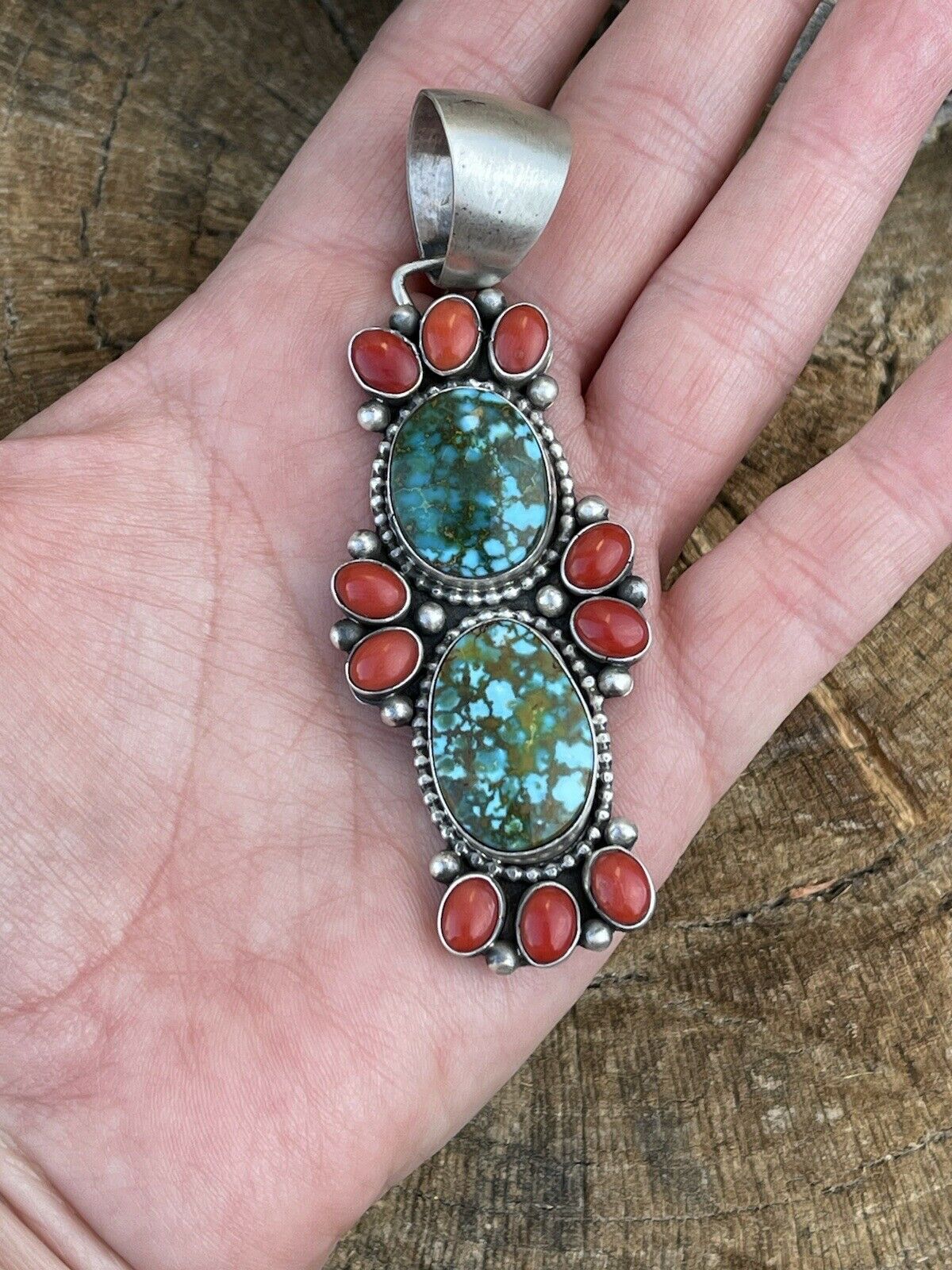 Handcrafted Sterling Kingman Web Turquoise & Red Coral Taos Pendant Bea Tom