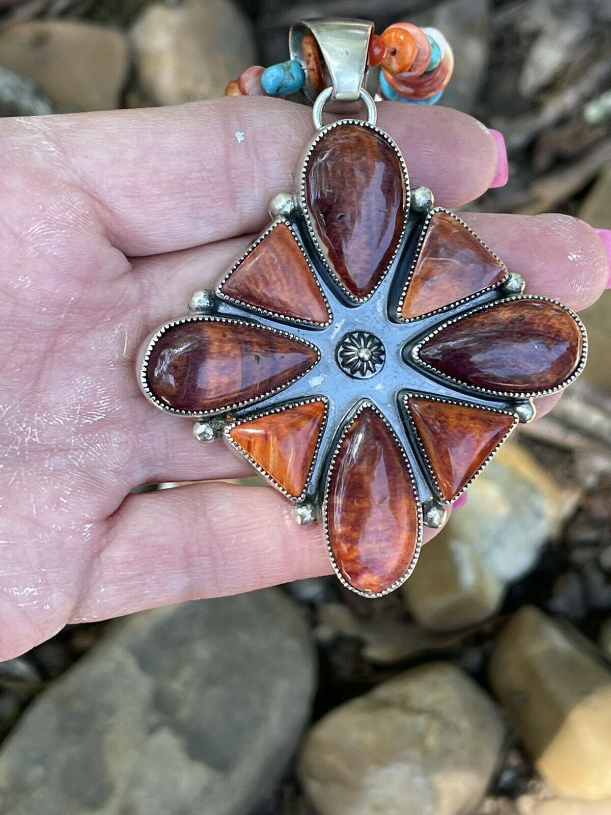 Handcrafted Sterling Silver Orange Spiny  Jumbo Cluster Pendant