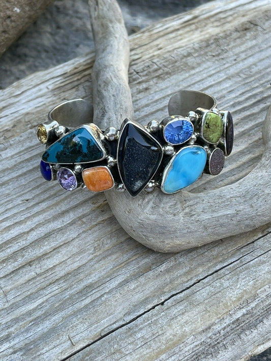Handcrafted Multi Stone & Gem Sterling Silver Cuff Bracelet Signed