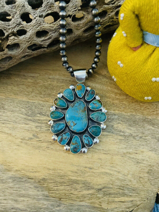 Handcrafted Sterling Silver & Multi Turquoise Cluster Pendant Signed