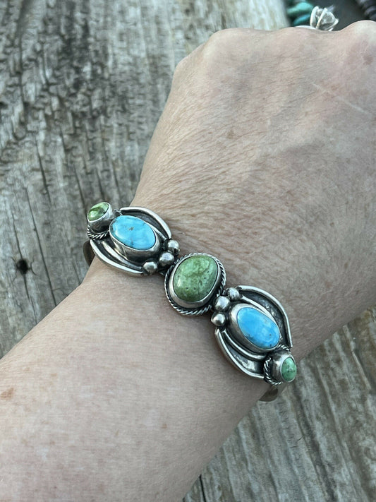 Handcrafted Sterling Sonoran Gold & Golden Hills Turquoise Cuff Bracelet Signed /