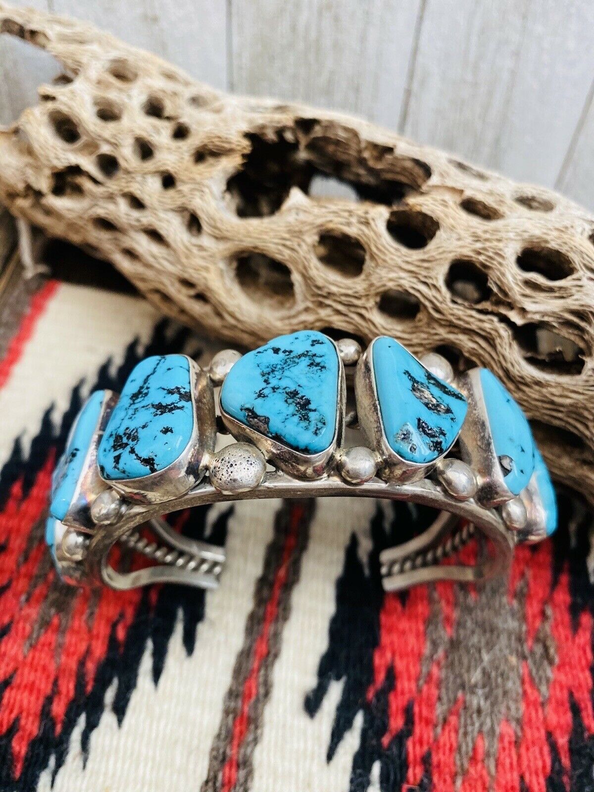 Navajo Old Pawn Vintage Kingman Turquoise & Sterling Silver Cuff Bracelet