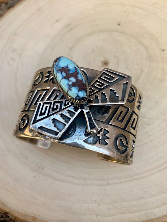 Handcrafted Sterling Silver & Golden Hills Turquoise Dragonfly Cuff Bracelet, Signed RB