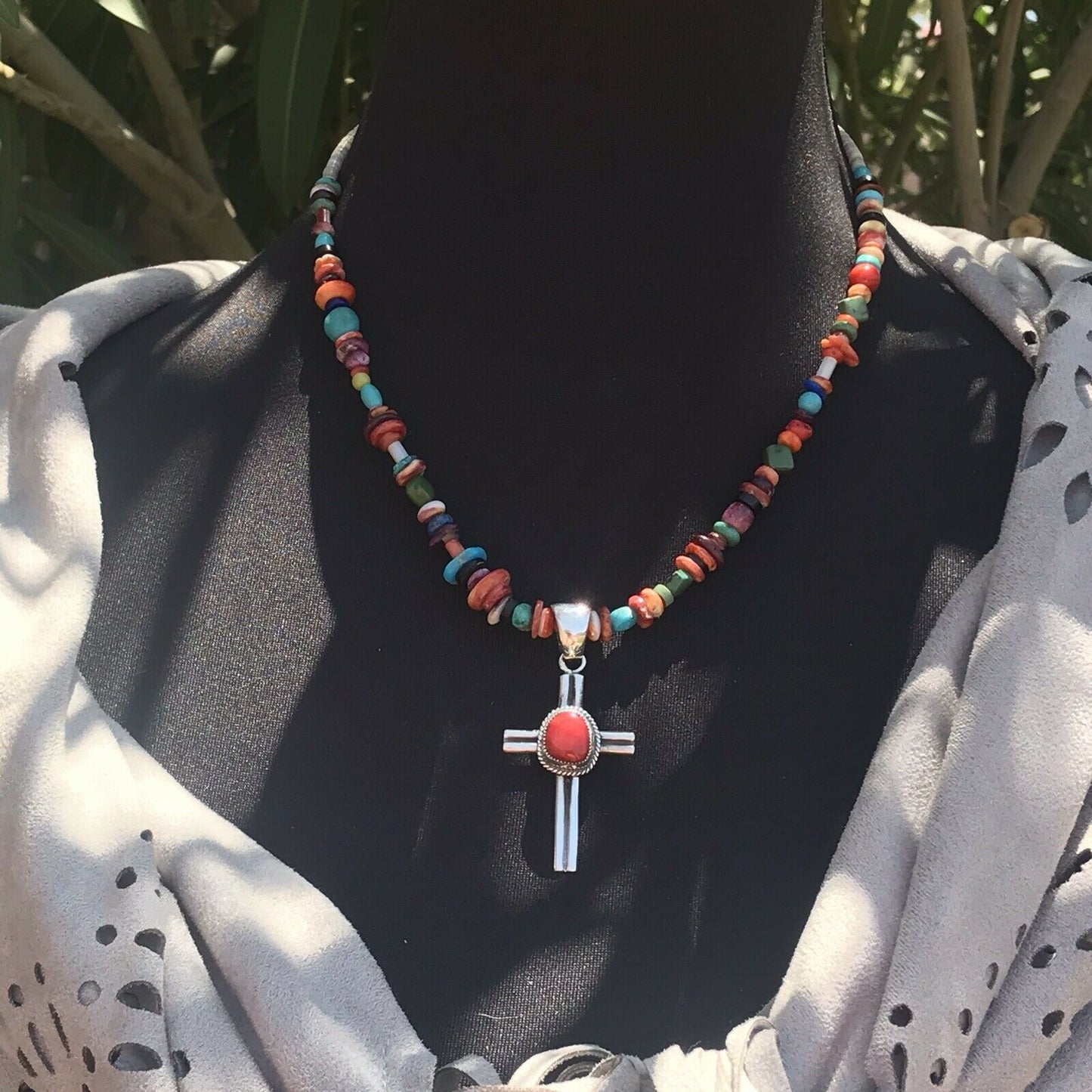 Navajo Sterling Silver Natural Red Coral Statement Cross Pendant Signed