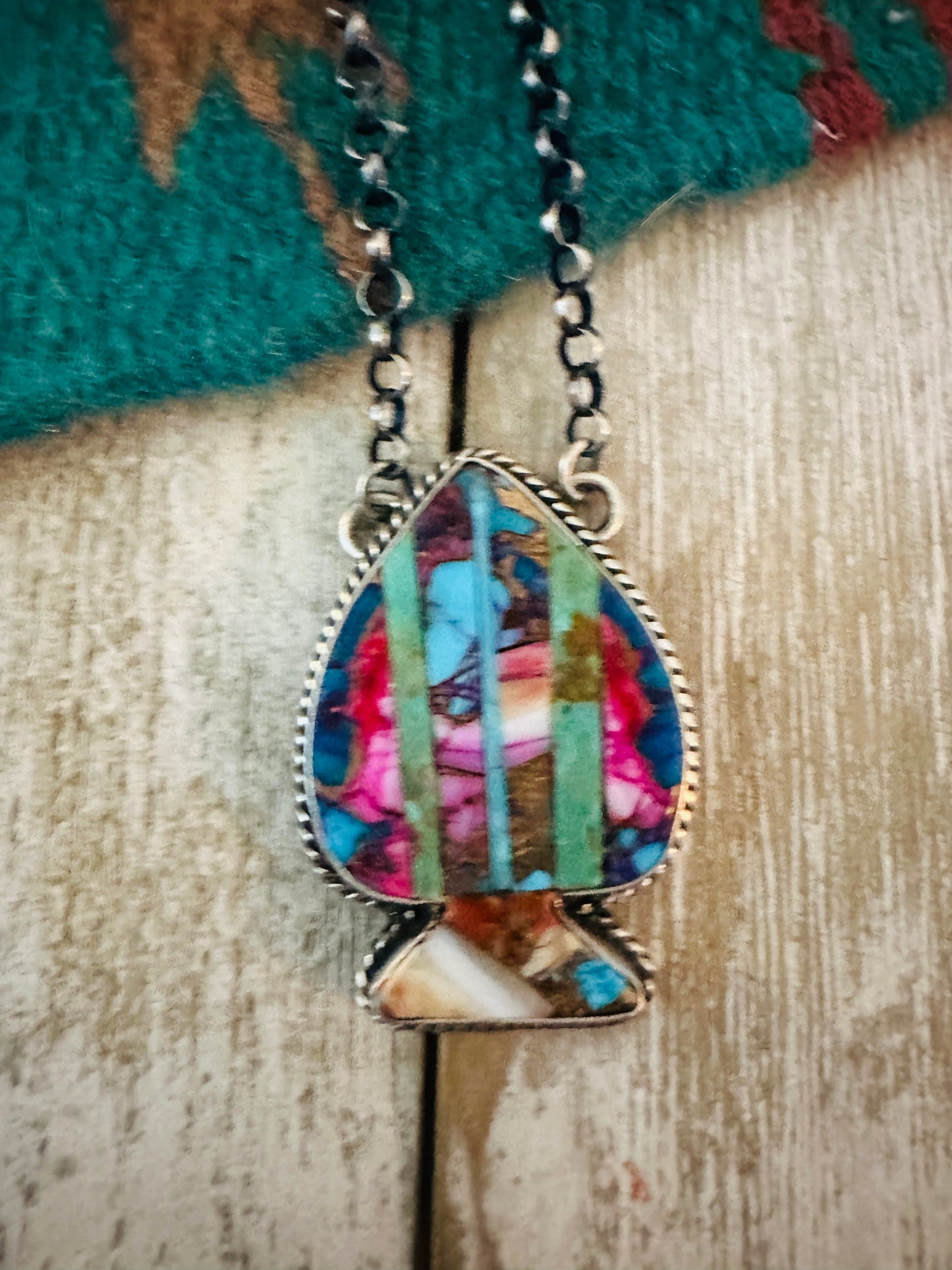 Handcrafted Sterling Silver & Multi Stone Inlay Spade Necklace