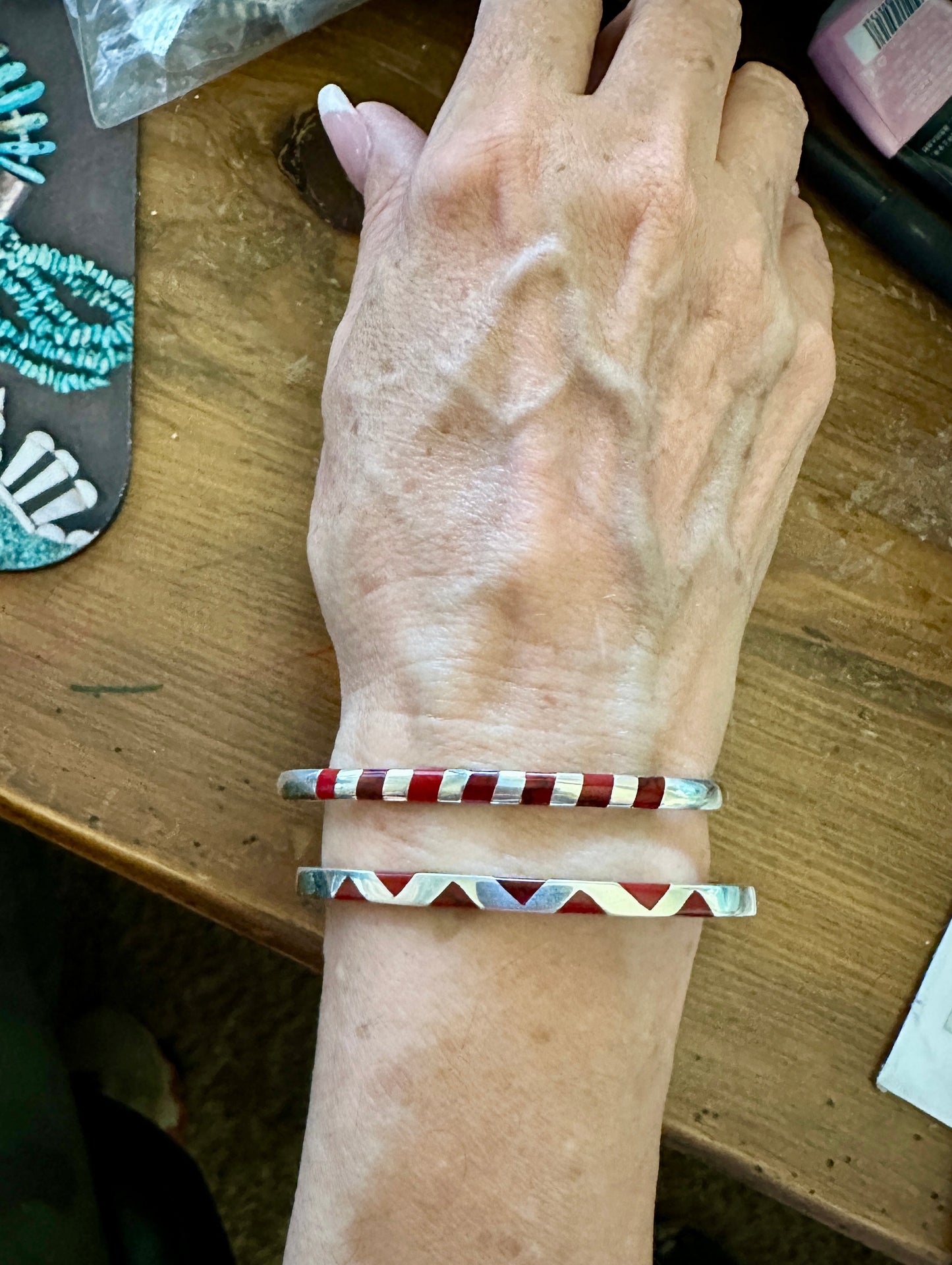 Hinged Bangle W/ Red Jasper Triangles