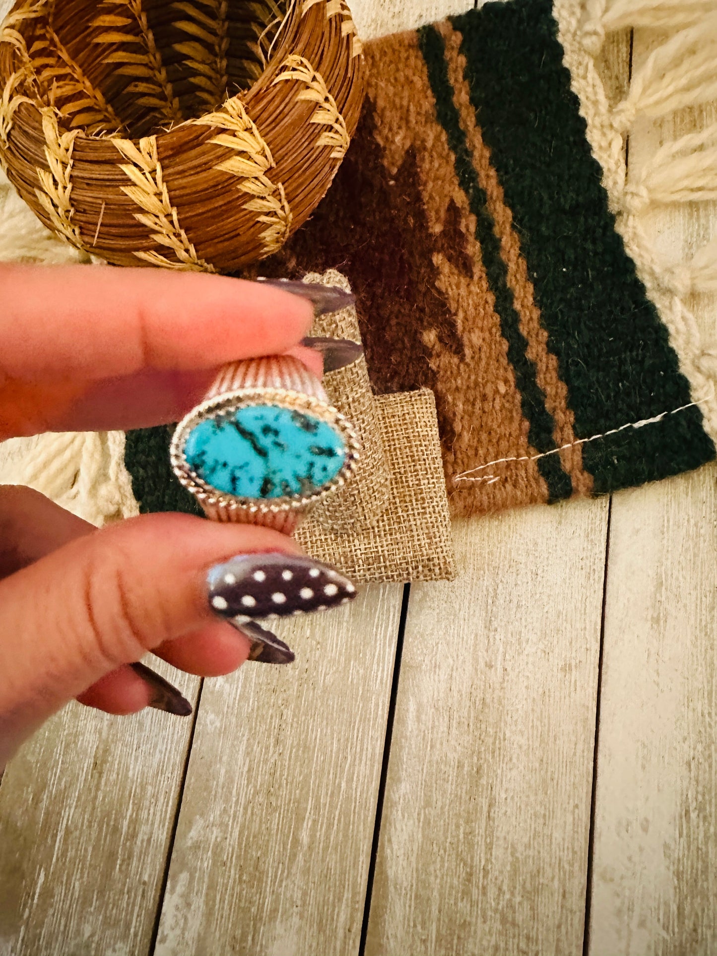Old Pawn Handcrafted Turquoise & Sterling Silver Ring Size 12