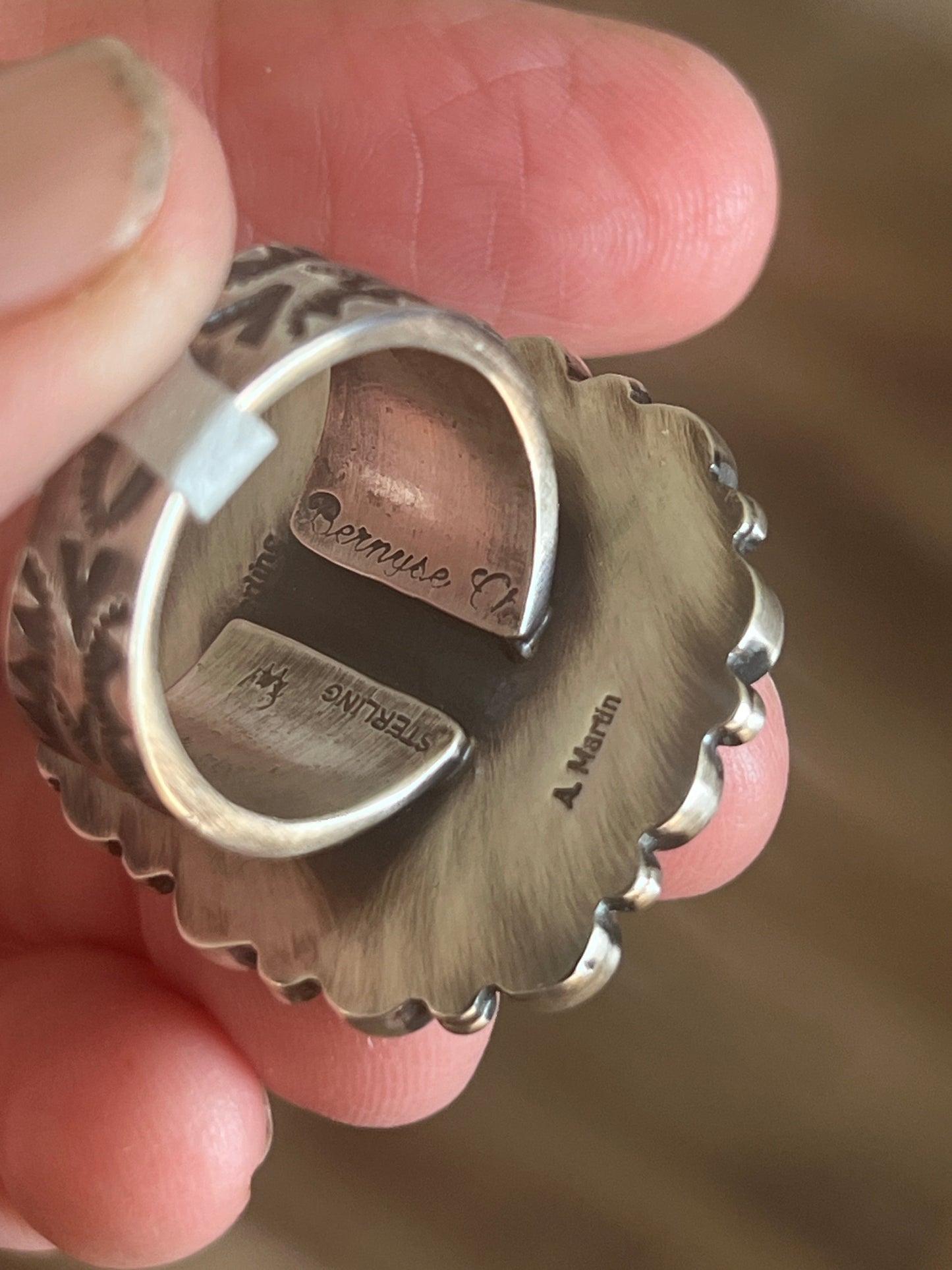 Handcrafted Electric Rainbow Turquoise and Spiny Oyster Ring by Angela Martin and Bernyse Chavez, Size 9