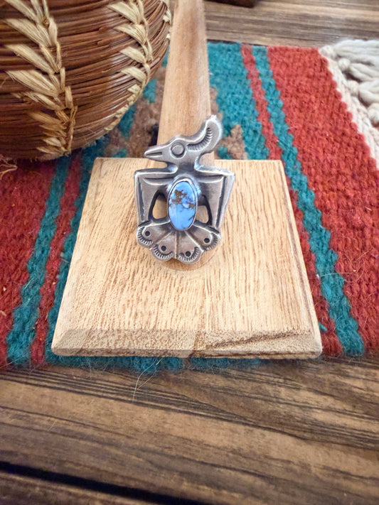 Handcrafted Golden Hills Turquoise and Sterling Silver Thunderbird Ring size 8.5 by Chimney Butte