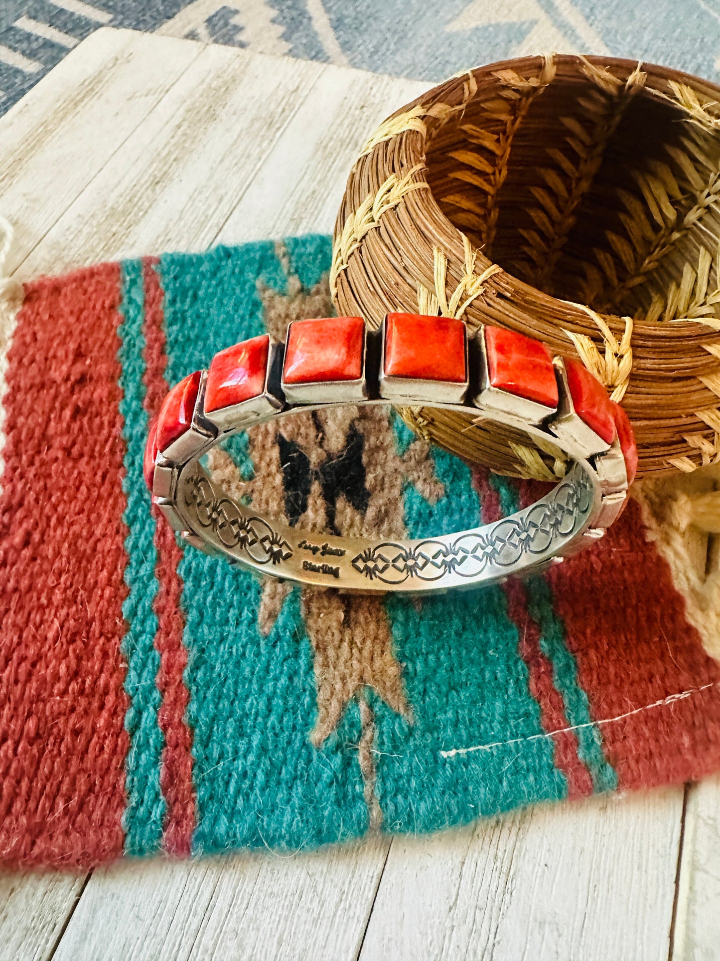 Handcrafted Spiny Oyster & Sterling Silver Bangle Bracelet Signed Leroy James