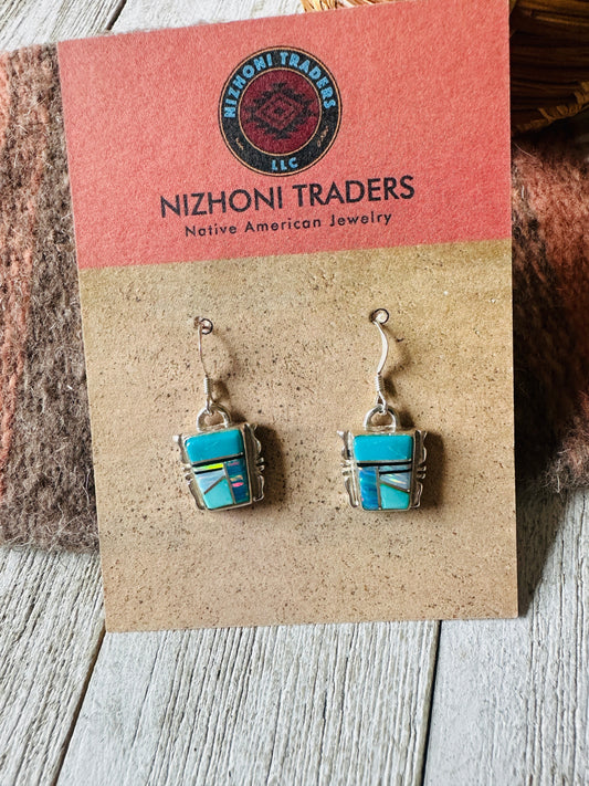 Handcrafted Sterling Silver & Multi Stone Inlay Dangle Earrings