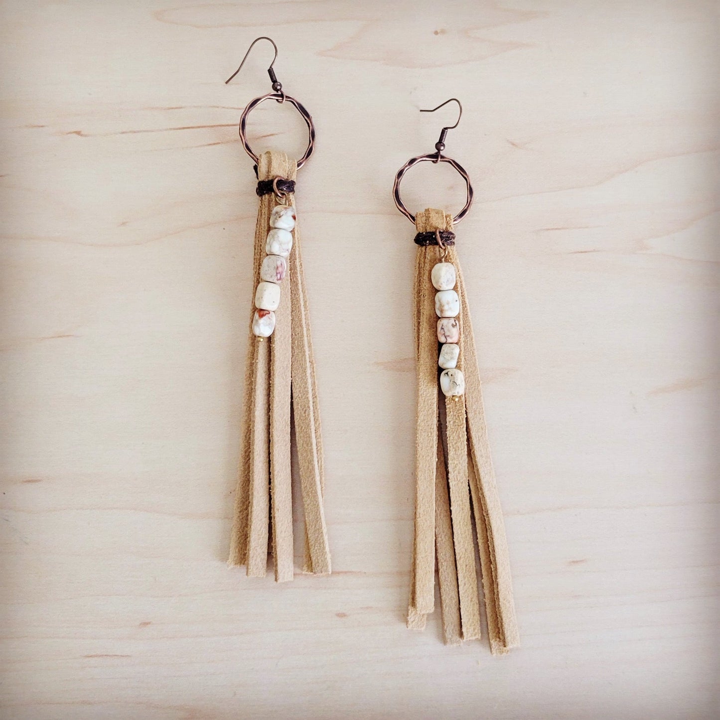 Leather Fringe Earrings with Regalite Sandstone Beads 100j