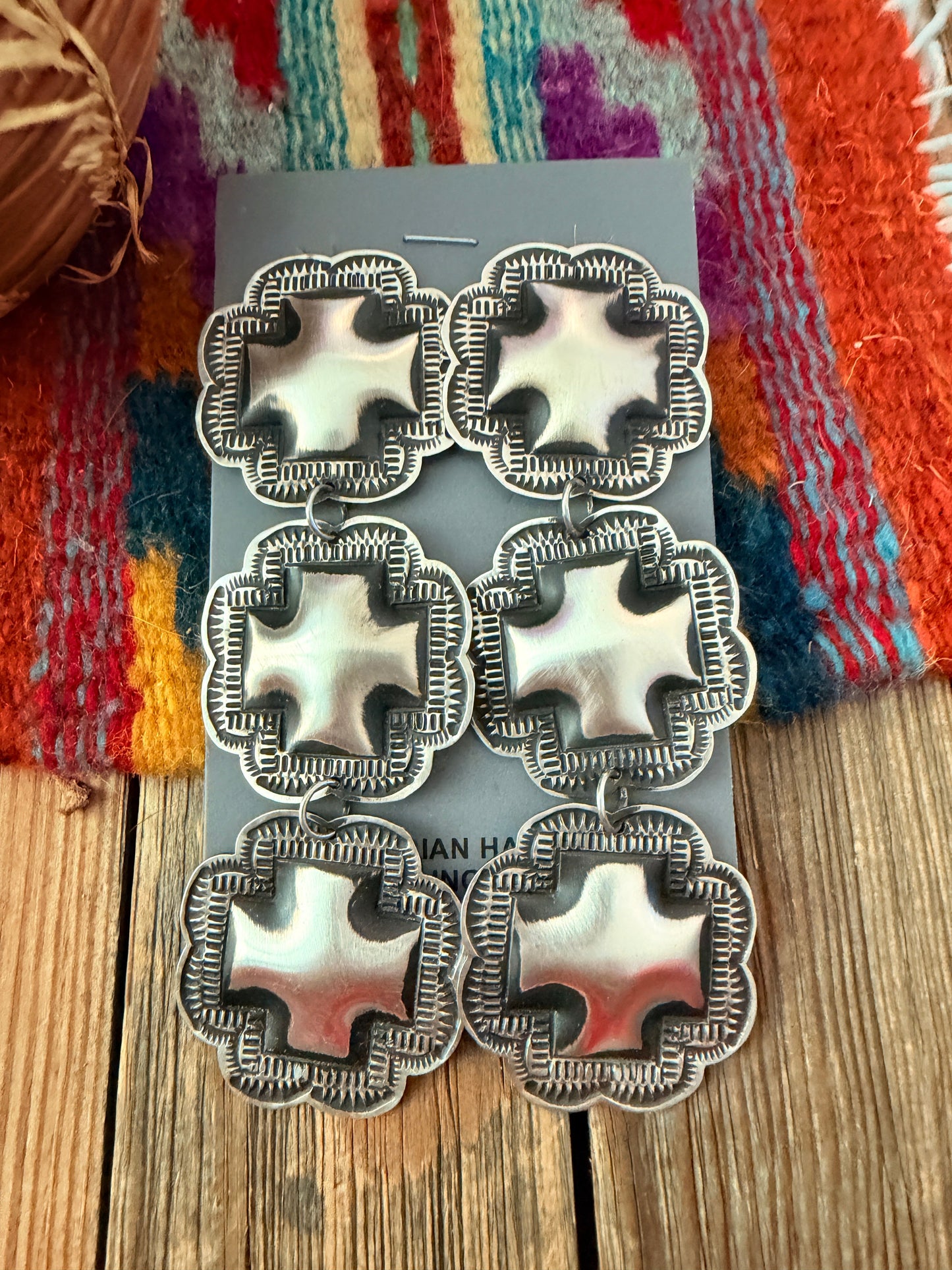 Handcrafted Sterling Silver Concho Cross Dangle Earrings by Leander Tahe