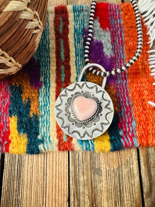 Handcrafted Queen Pink Conch & Sterling Silver Heart Locket Style Pendant by Charles Johnson