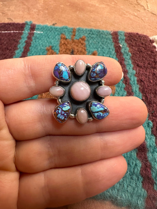 Beautiful Handmade Pink Conch, Purple Dream Mojave And Sterling Silver Adjustable Ring