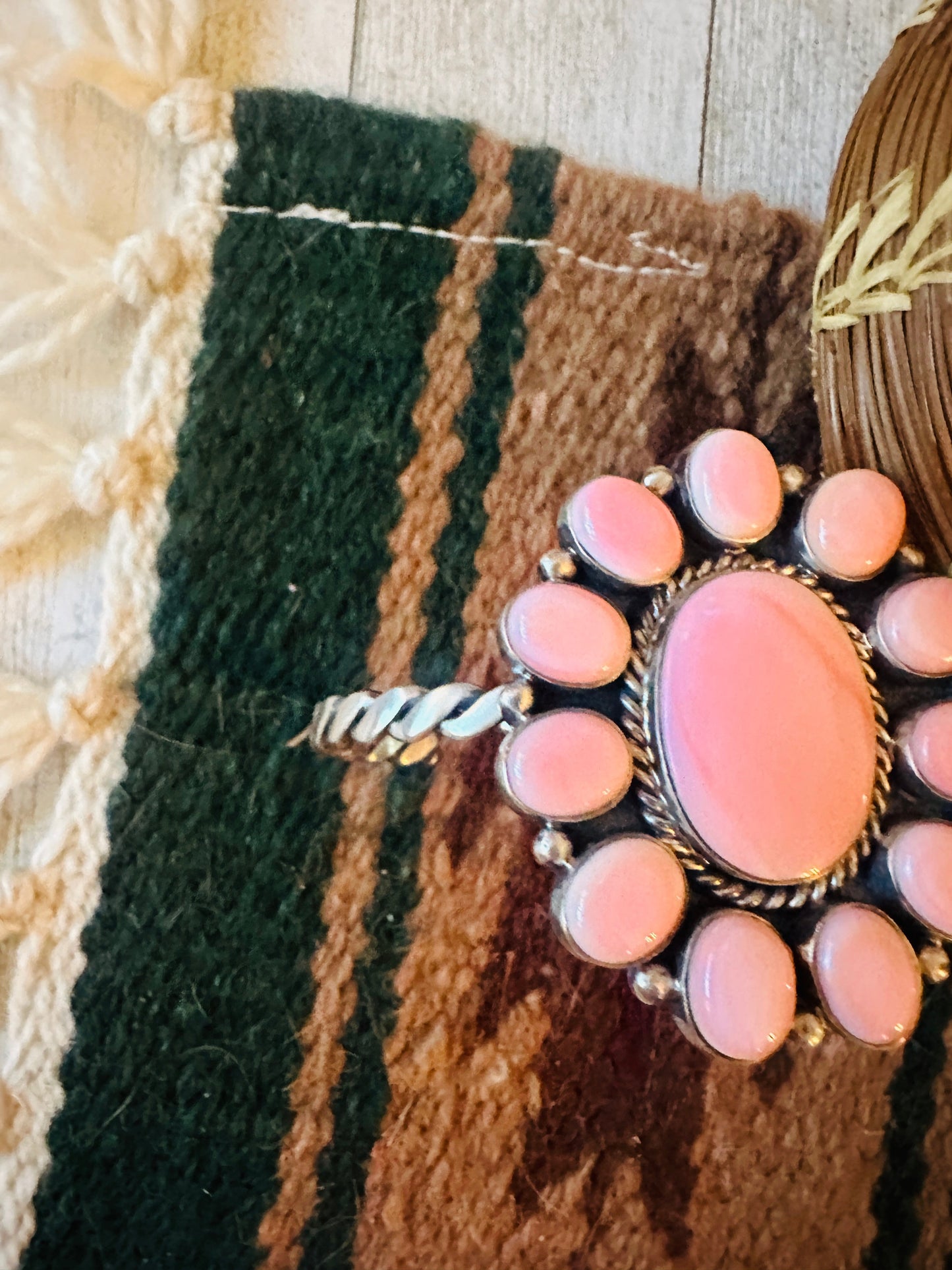 Handcrafted Queen Pink Conch Shell & Sterling Silver Cluster Cuff Bracelet