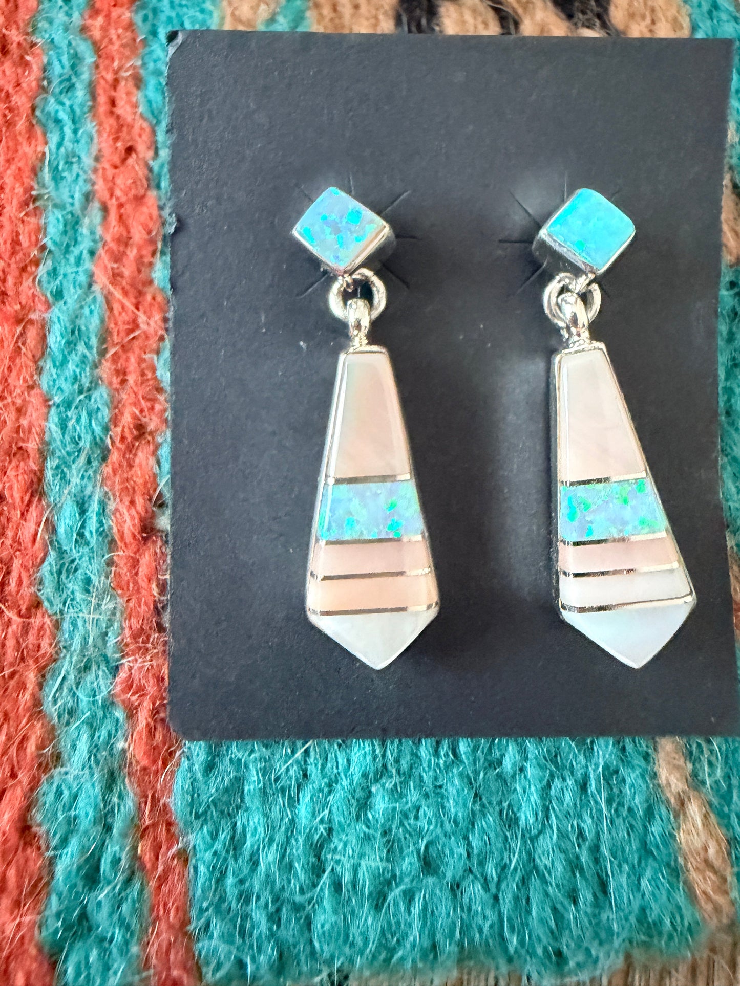 Handcrafted Mother of Pearl, Opal & Sterling Silver Inlay Dangle Earrings