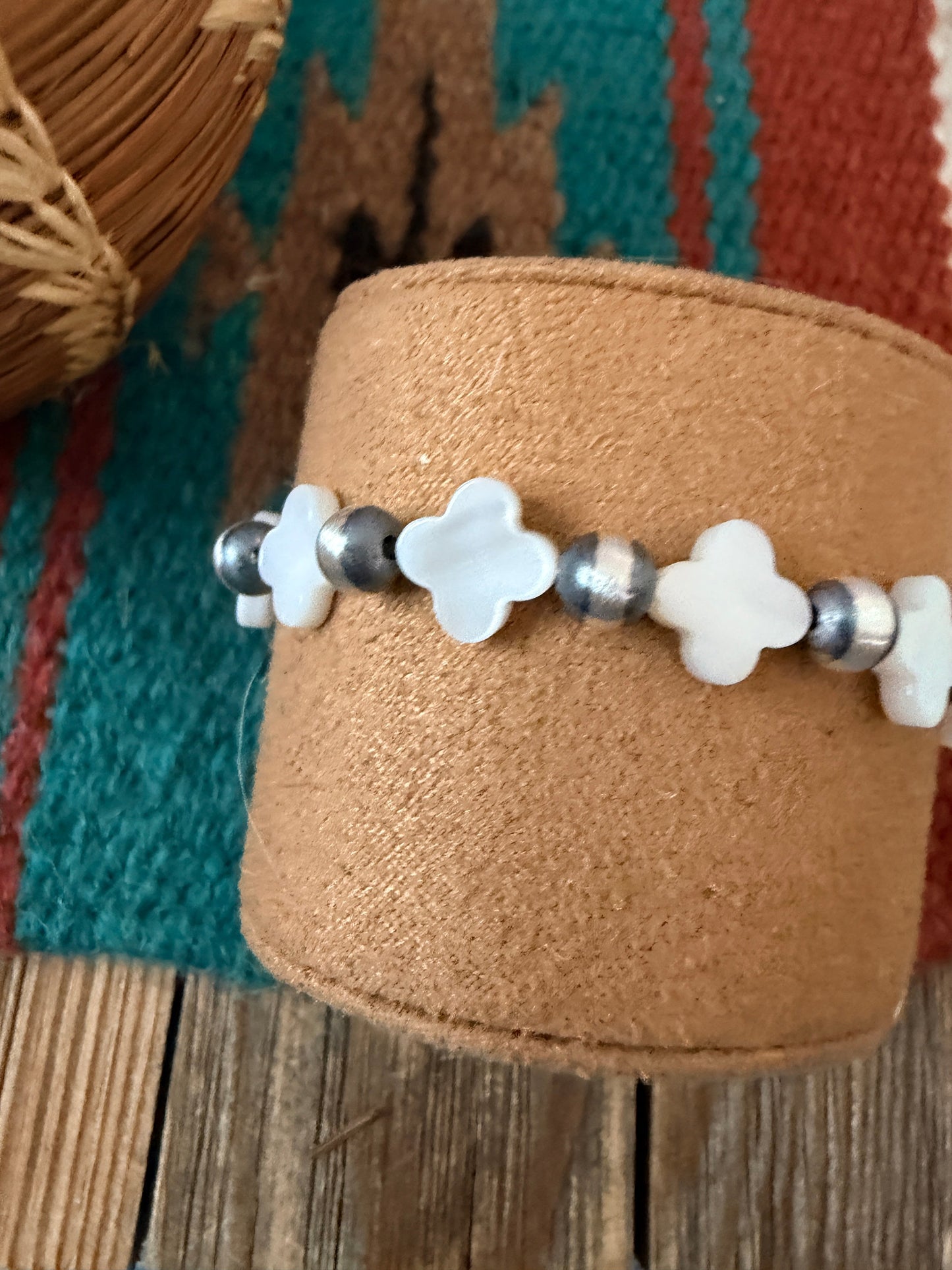 Handcrafted Mother of Pearl & Sterling Silver Pearl Cross Beaded Stretch Bracelet