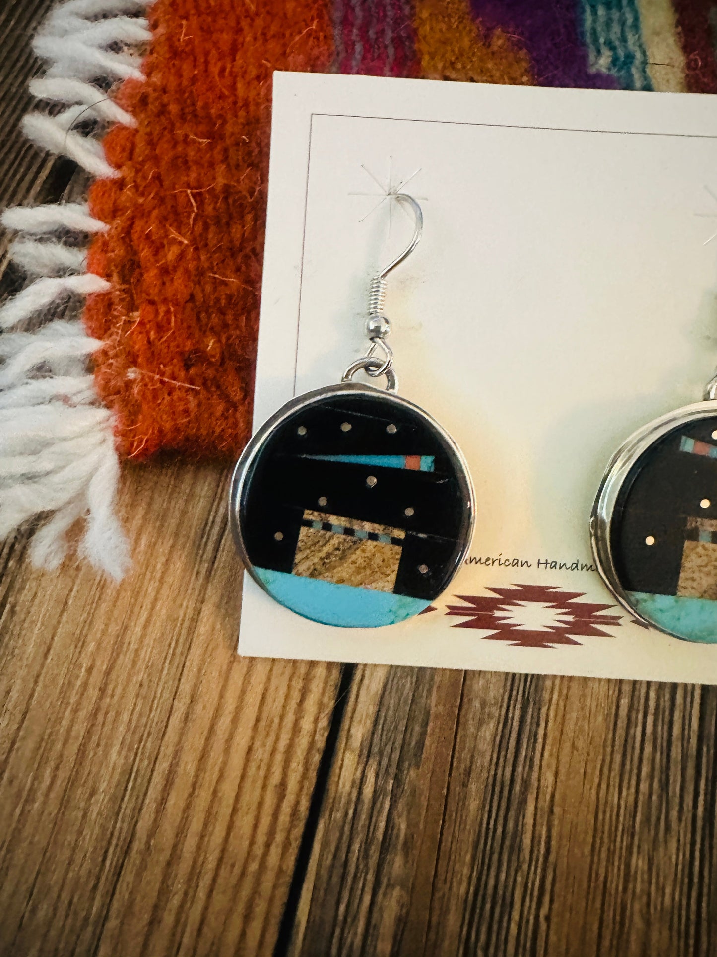 Handcrafted Sterling Silver & Multi Stone Pueblo Inlay Dangle Earrings