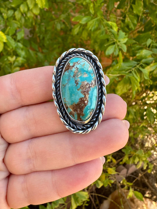 Handcrafted Sterling Silver & Single Stone Turquoise Adjustable Ring OVAL STYLE Signed