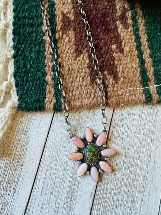 Handcrafted Sterling Silver, Queen Pink Conch Shell & Turquoise Necklace