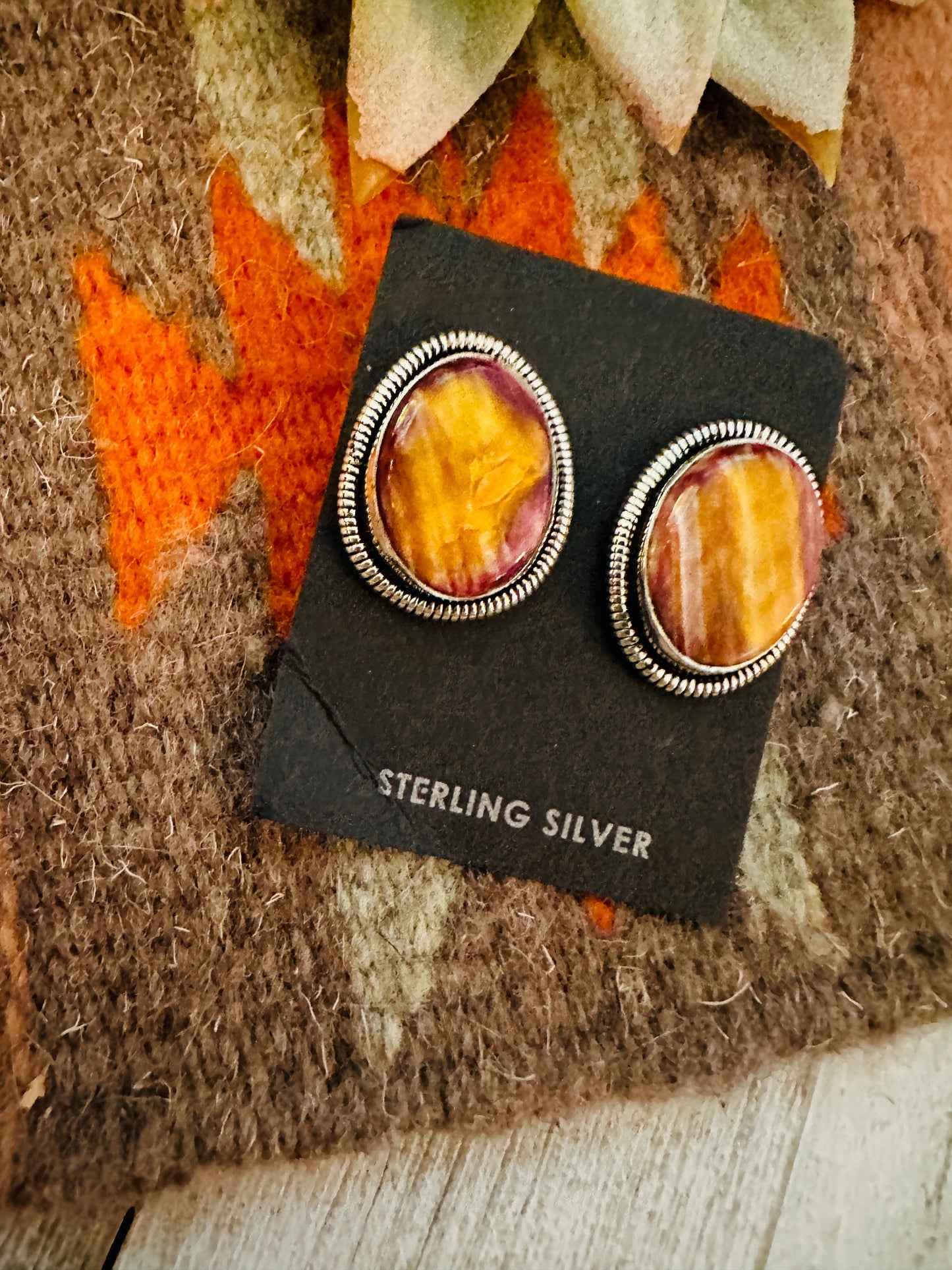 Navajo Spiny and Sterling Silver Post Earrings by Wydell Billie