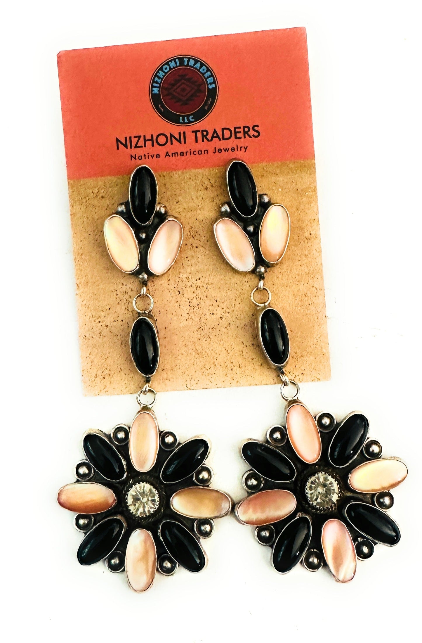 Handcrafted Mother of Pearl, Onyx & Sterling Silver Flower Dangle Earrings