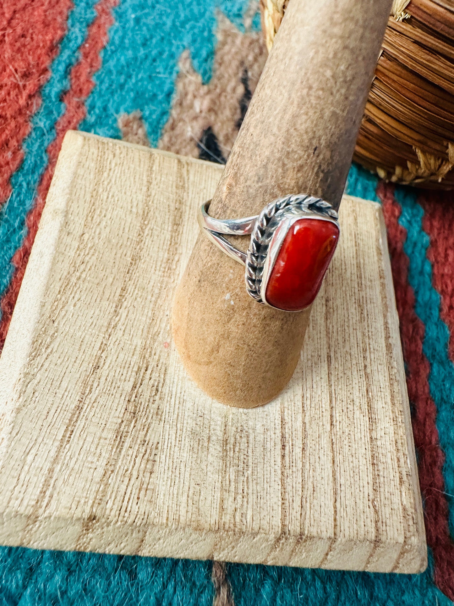 Navajo Coral & Sterling Silver Ring Size 7