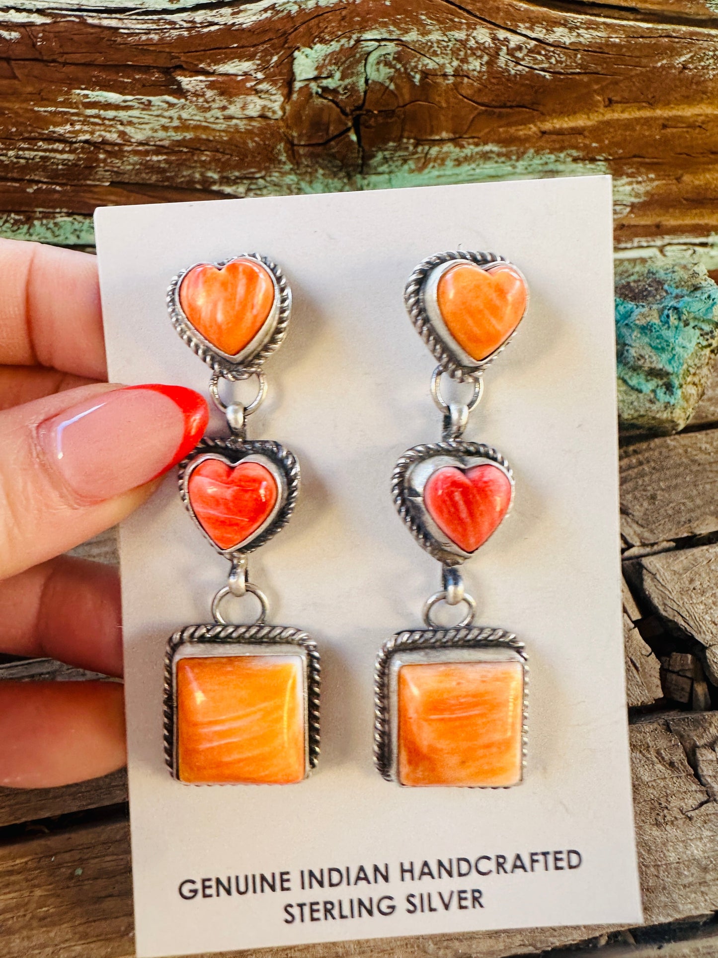 Handcrafted Spiny Oyster & Sterling Silver Heart Dangle Earrings by Vicky Hicks