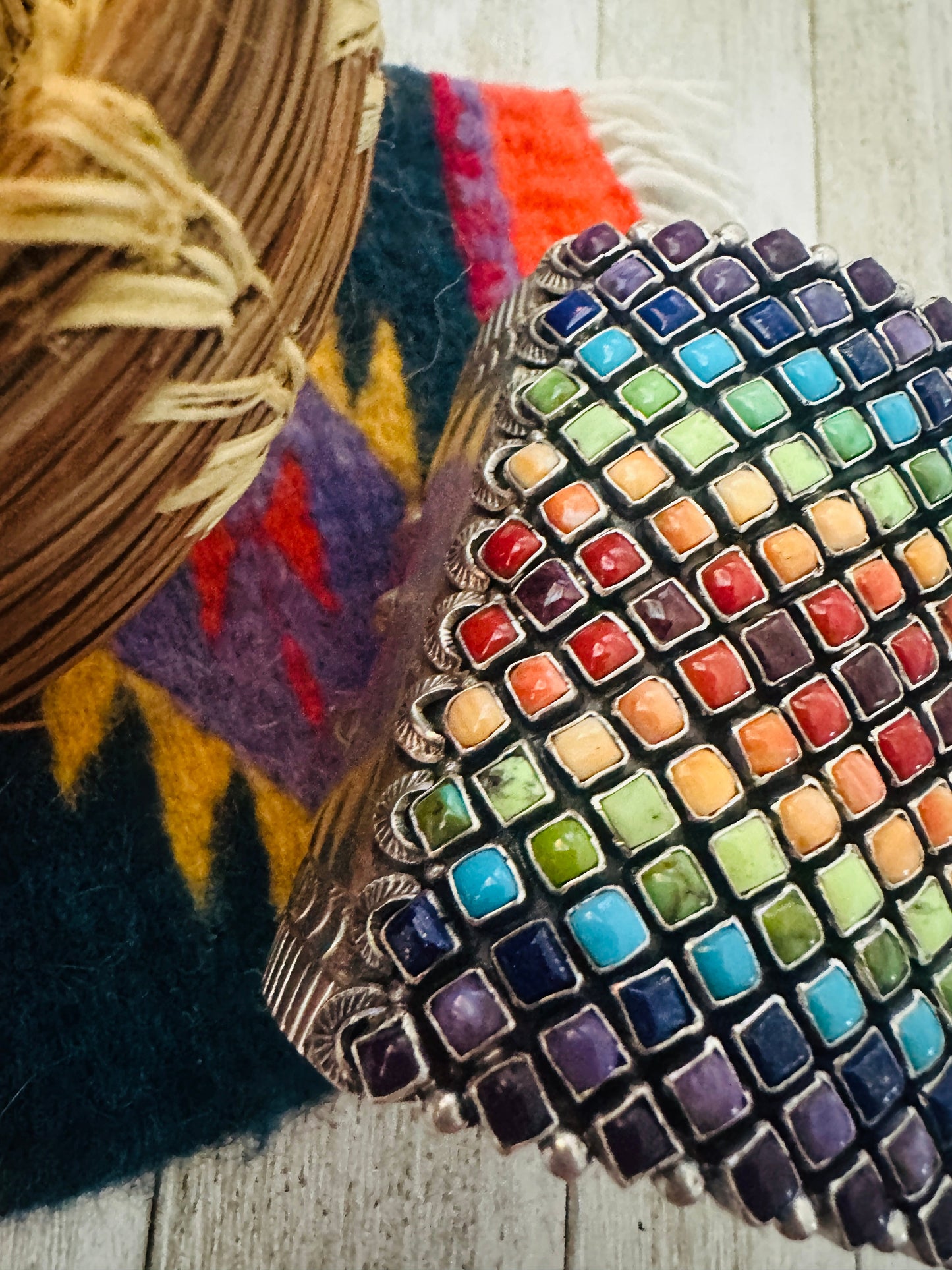 Handcrafted Rainbow Multi Stone & Sterling Silver Cuff Bracelet by Alice Lister