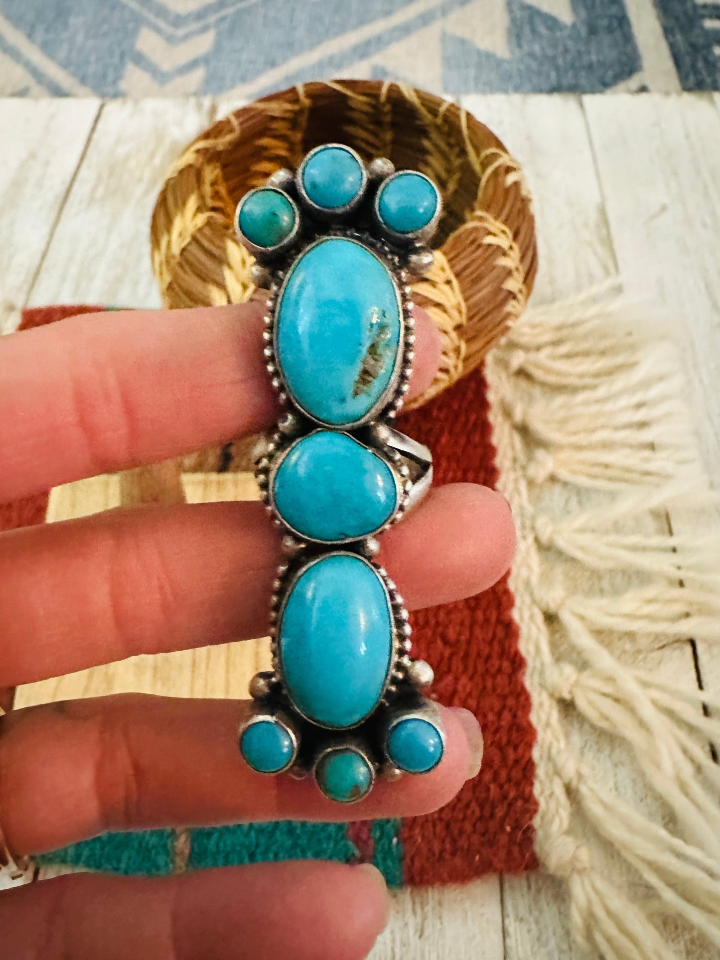 Handcrafted Sterling Silver & Kingman Turquoise Ring Size 8