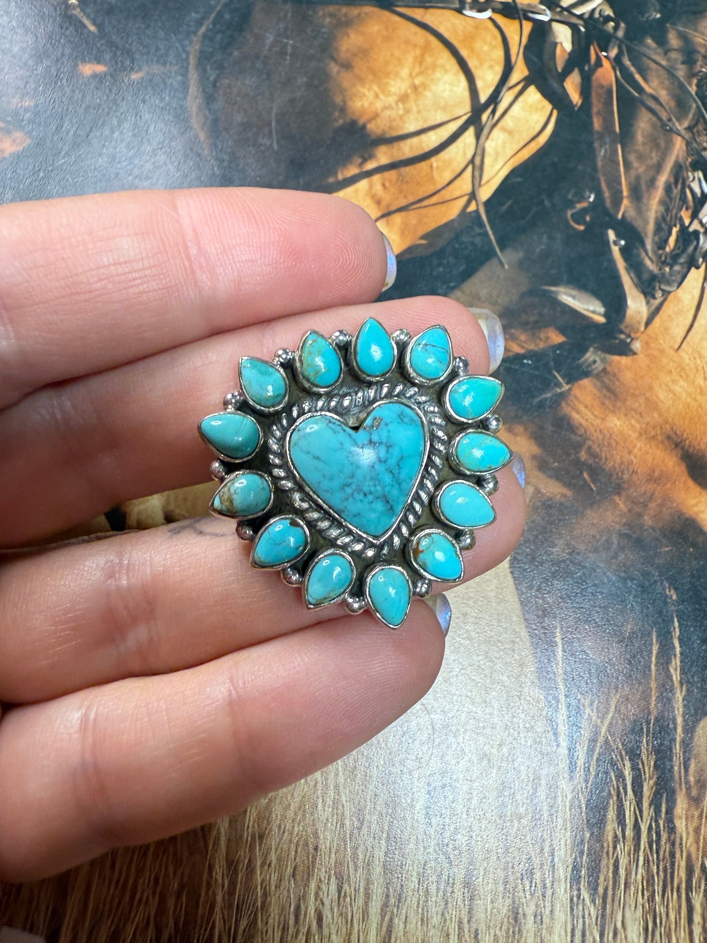 Handmade Kingman Turquoise Adjustable Heart Ring