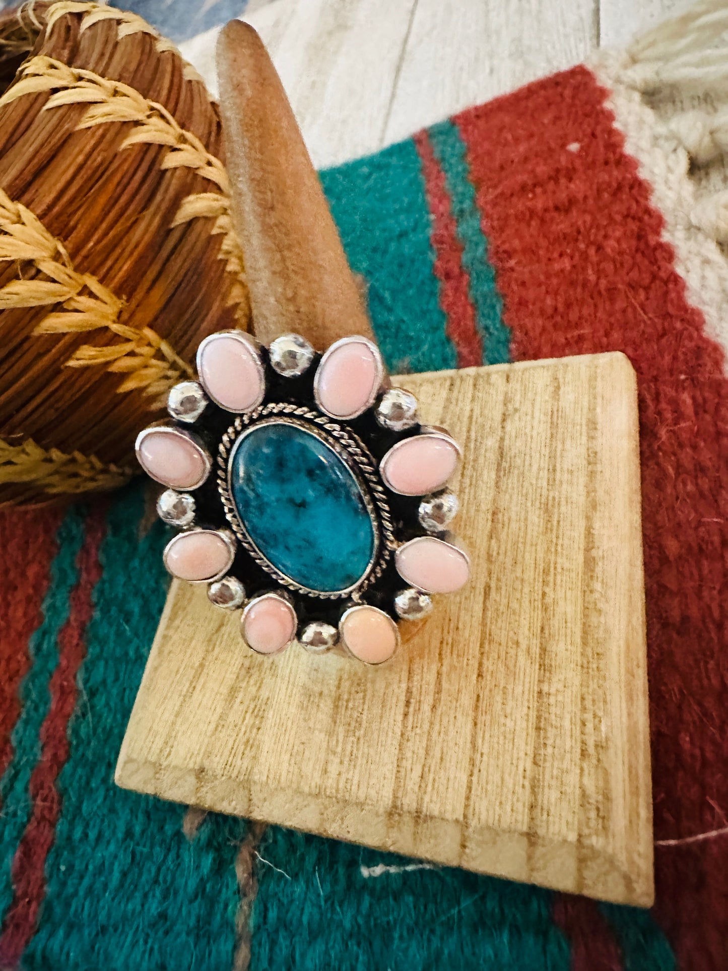 Handcrafted Sterling Silver, Queen Pink Conch & Turquoise Cluster Adjustable Ring