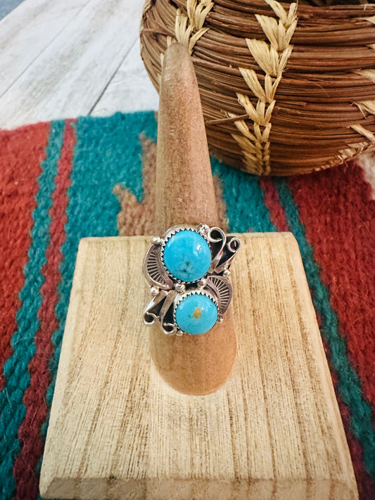 Handcrafted Turquoise & Sterling Silver Two Stone Ring Size 7.5