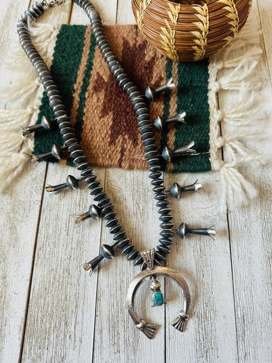 Handcrafted Turquoise & Sterling Silver Squash Blossom Necklace