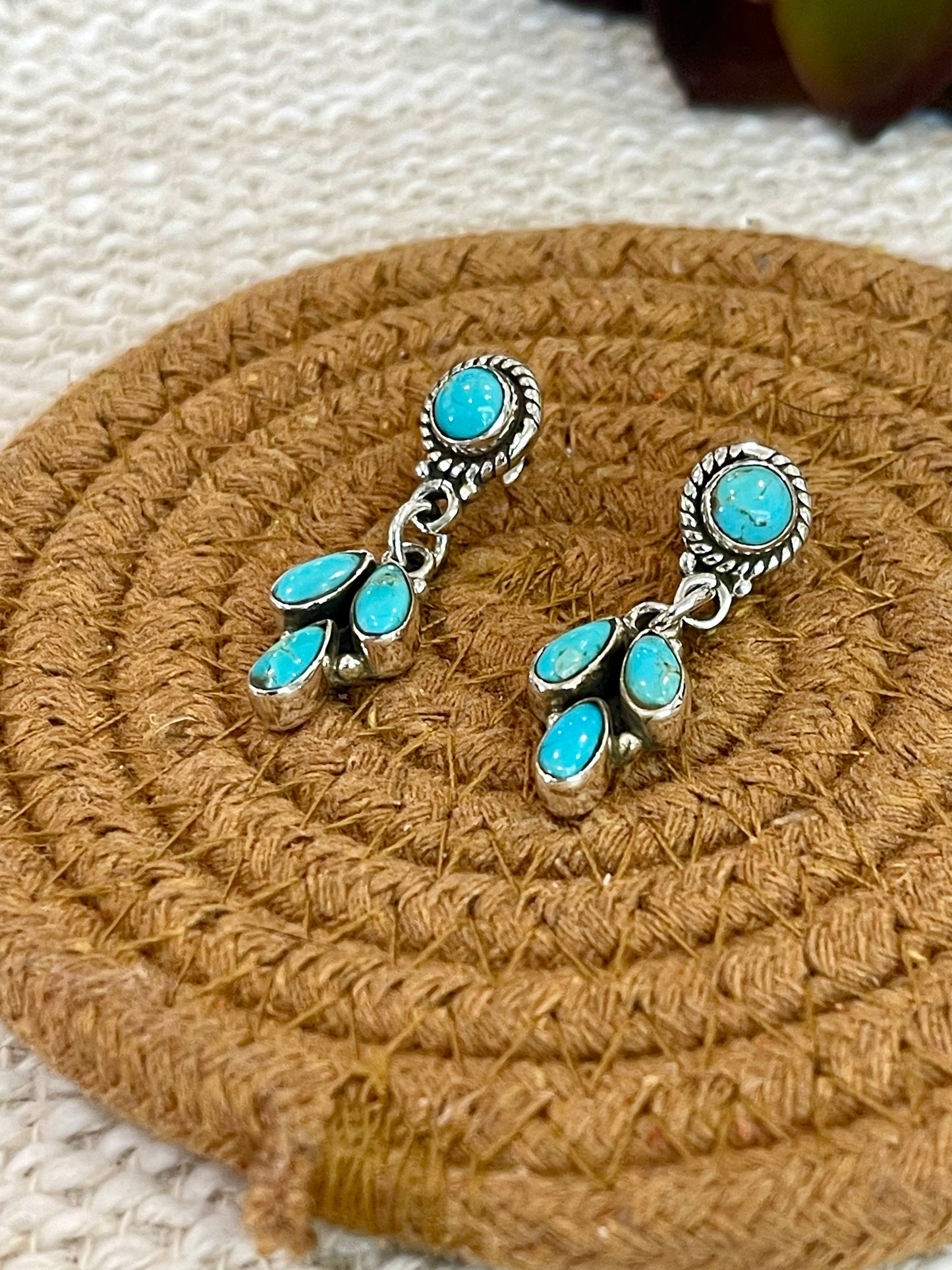 Handmade Sterling Silver Kingman Turquoise Post Dangle Earrings with Signed Nizhoni