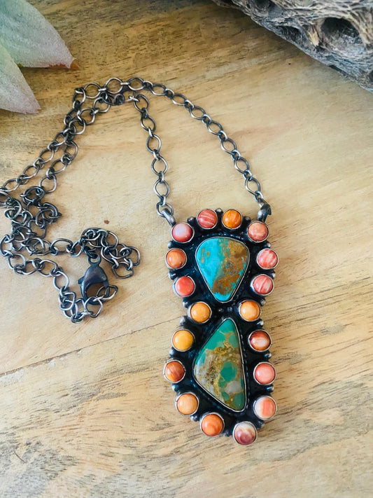 Handcrafted Sterling Silver, Spiny & Royston Turquoise Cluster Necklace