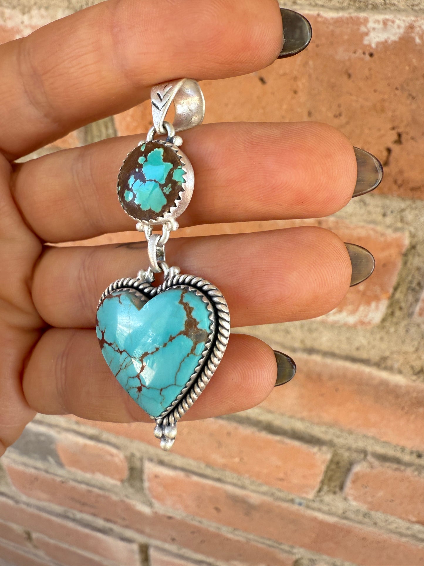 Handmade Sterling Silver Number 8 Turquoise Heart Pendant with Signed Nizhoni
