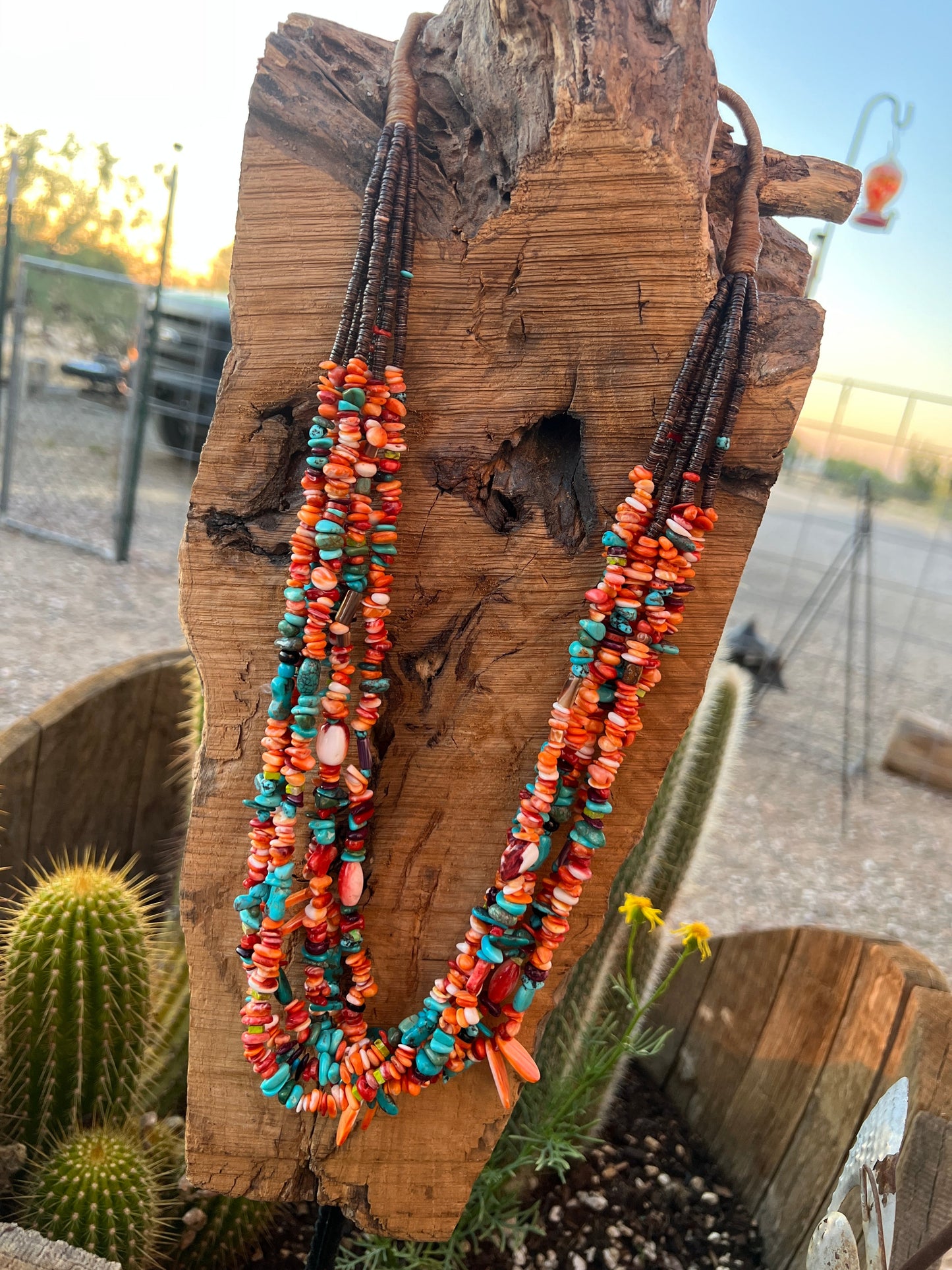 Gorgeous Handcrafted Made Six Strand Spiny Oyster and Turquoise Beaded Squaw Wrap Necklace with Spiny Oyster Tabs