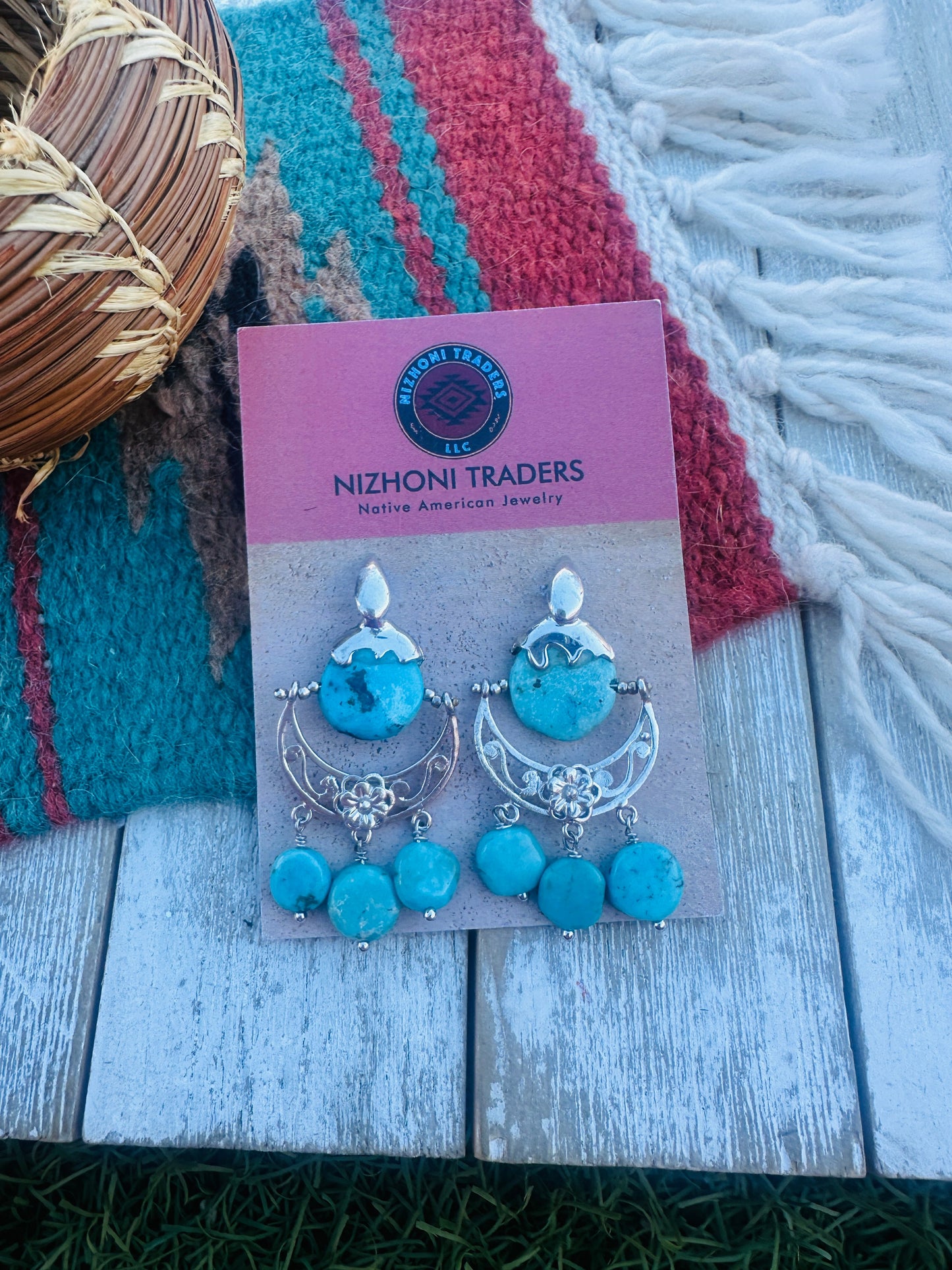 Handcrafted Turquoise & Sterling Silver Flower Dangle Earrings